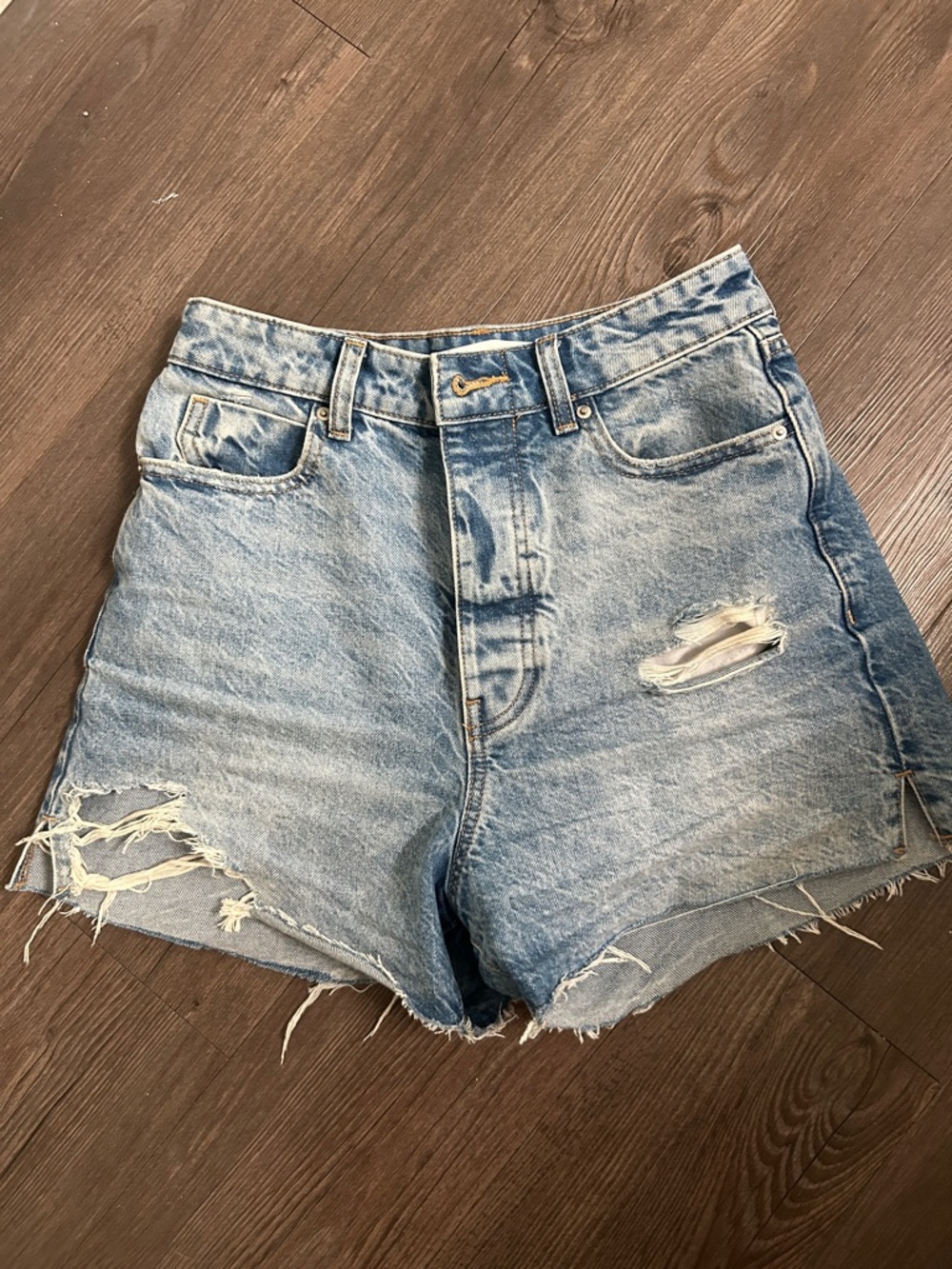 Zara Light Blue Ripped High-Waist Denim Shorts
